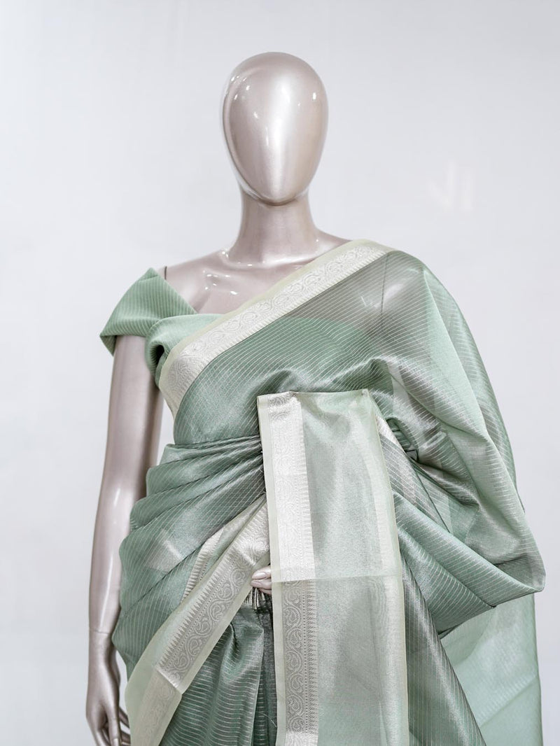 Sage Green Tissue Organza Saree with Silver Zari Border SAN5484