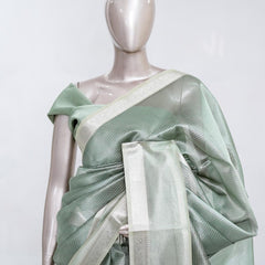 Sage Green Tissue Organza Saree with Silver Zari Border SAN5484
