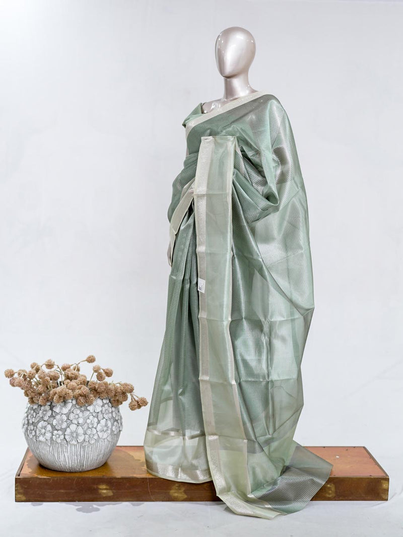 Sage Green Tissue Organza Saree with Silver Zari Border SAN5484