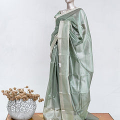 Sage Green Tissue Organza Saree with Silver Zari Border SAN5484