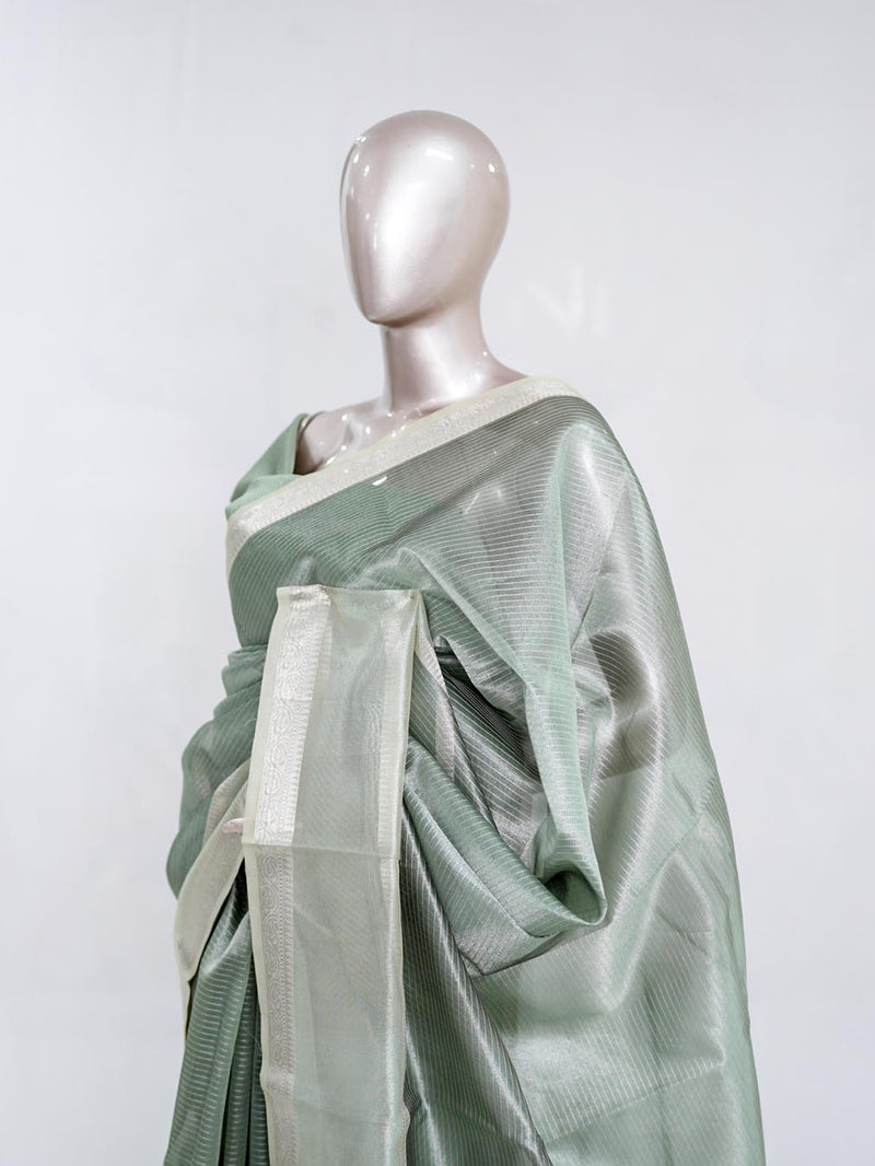 Sage Green Tissue Organza Saree with Silver Zari Border SAN5484