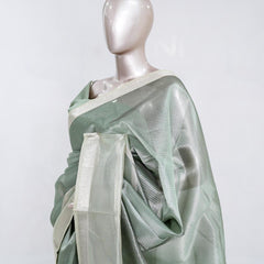 Sage Green Tissue Organza Saree with Silver Zari Border SAN5484