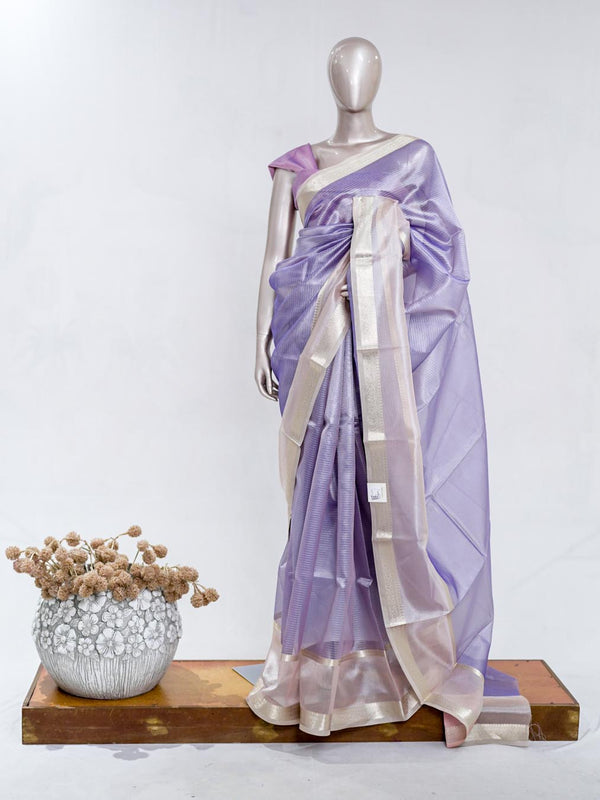 Lilac Tissue Organza Saree with Silver Zari Border SAN5484