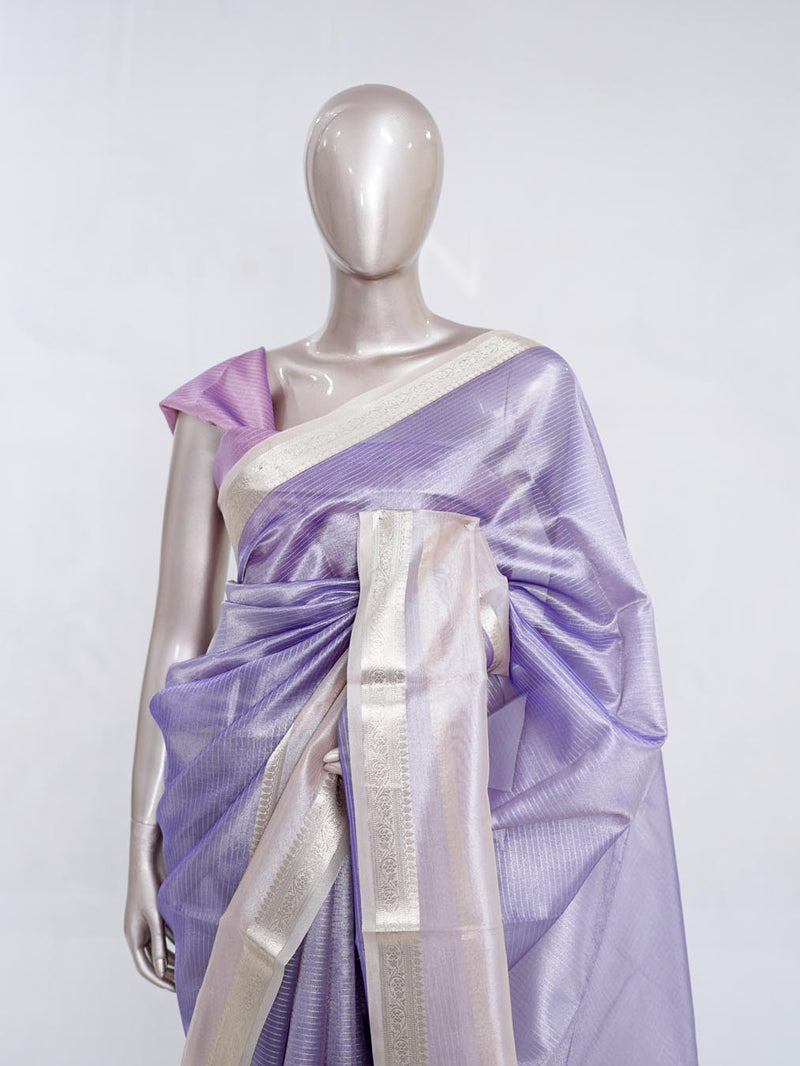 Lilac Tissue Organza Saree with Silver Zari Border SAN5484