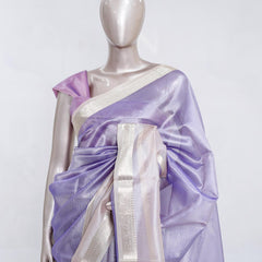 Lilac Tissue Organza Saree with Silver Zari Border SAN5484