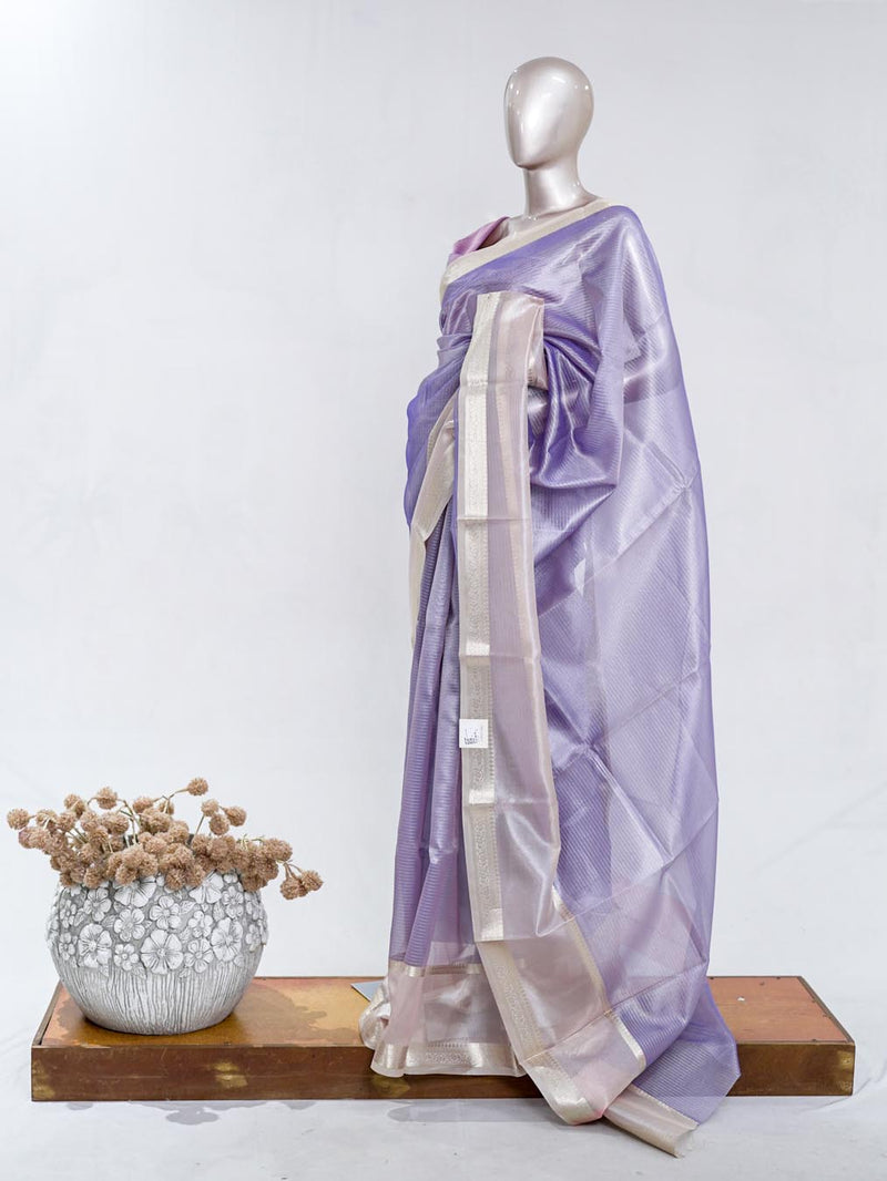 Lilac Tissue Organza Saree with Silver Zari Border SAN5484