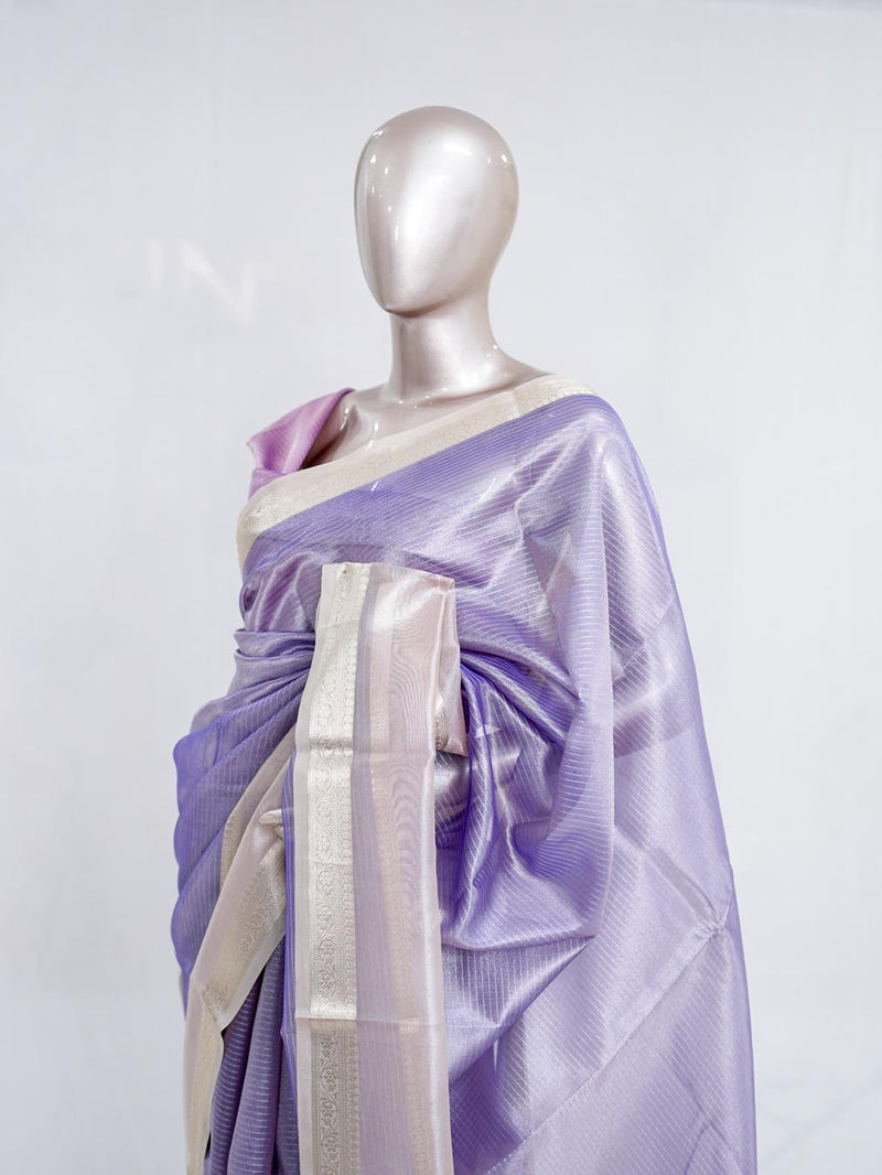 Lilac Tissue Organza Saree with Silver Zari Border SAN5484