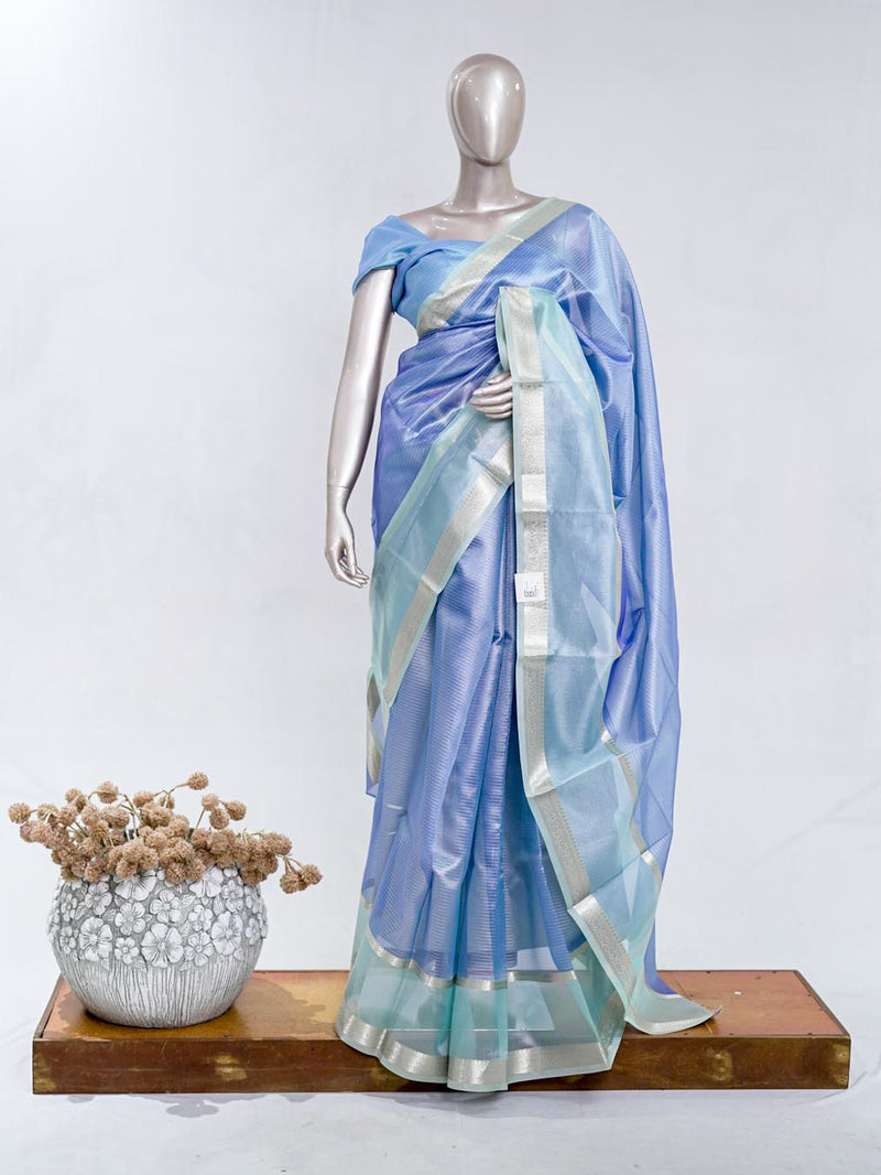 Periwinkle Blue Tissue Organza Saree with Silver Zari Border SAN5484