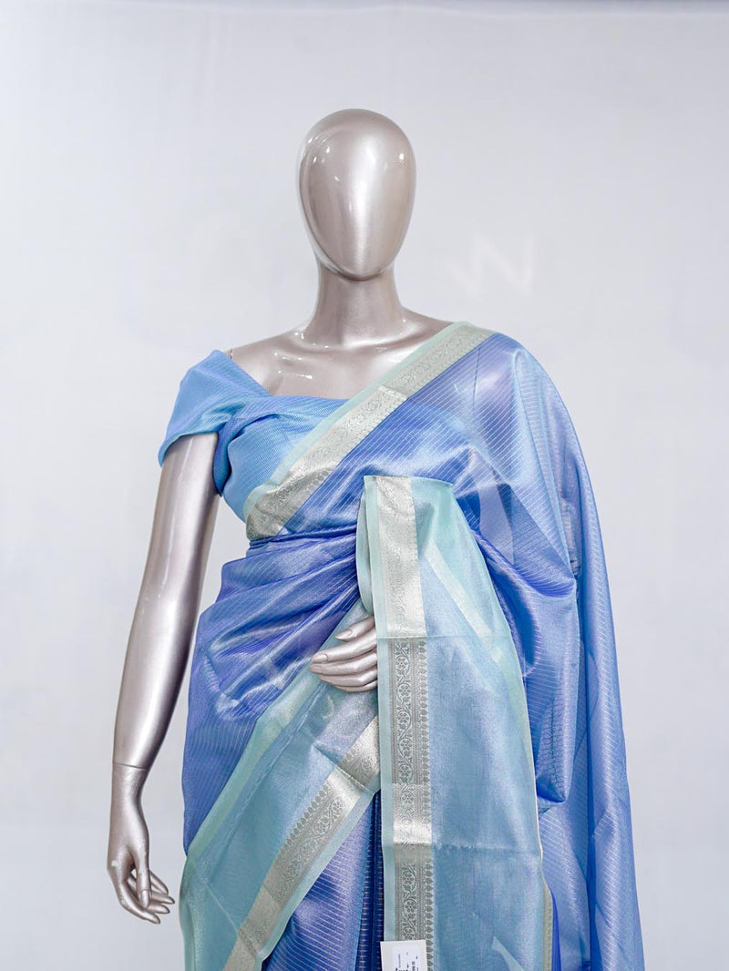 Periwinkle Blue Tissue Organza Saree with Silver Zari Border SAN5484