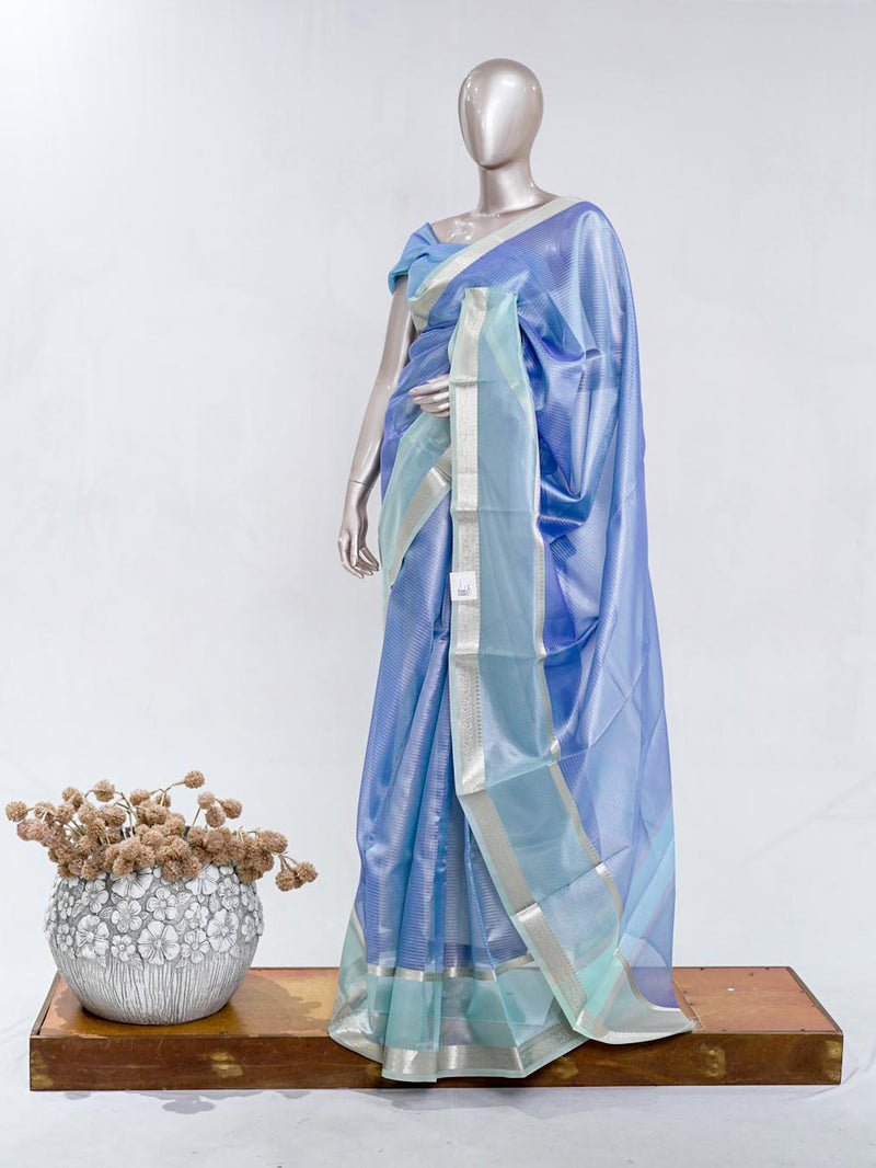 Periwinkle Blue Tissue Organza Saree with Silver Zari Border SAN5484