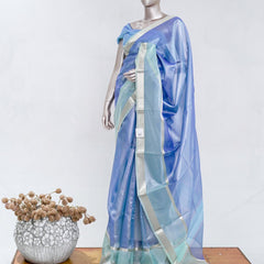 Periwinkle Blue Tissue Organza Saree with Silver Zari Border SAN5484
