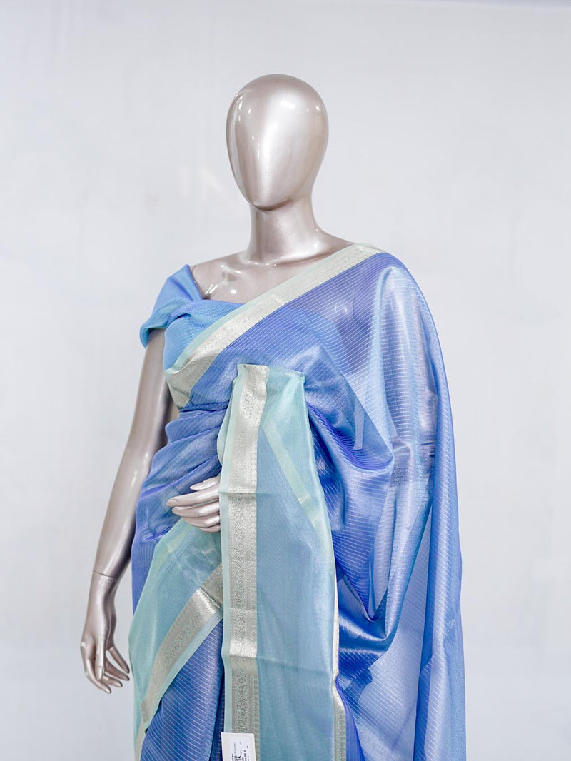 Periwinkle Blue Tissue Organza Saree with Silver Zari Border SAN5484