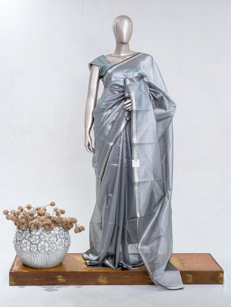 Steel Grey Tissue Organza Saree with Silver Zari Border  SAN5484