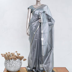 Steel Grey Tissue Organza Saree with Silver Zari Border  SAN5484