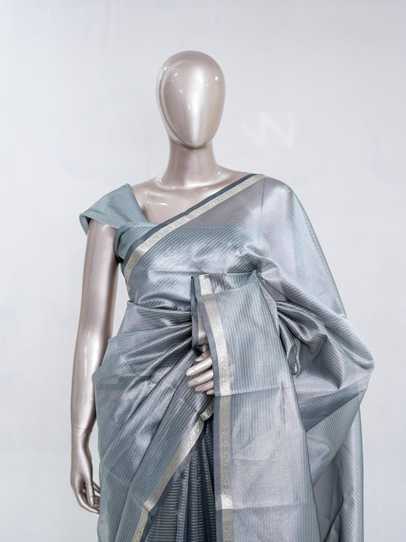 Steel Grey Tissue Organza Saree with Silver Zari Border  SAN5484