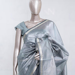 Steel Grey Tissue Organza Saree with Silver Zari Border  SAN5484