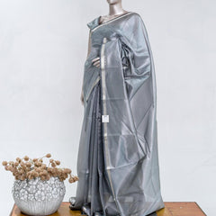 Steel Grey Tissue Organza Saree with Silver Zari Border  SAN5484