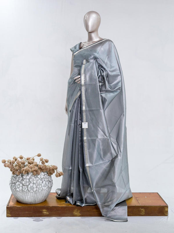 Steel Grey Tissue Organza Saree with Silver Zari Border  SAN5484