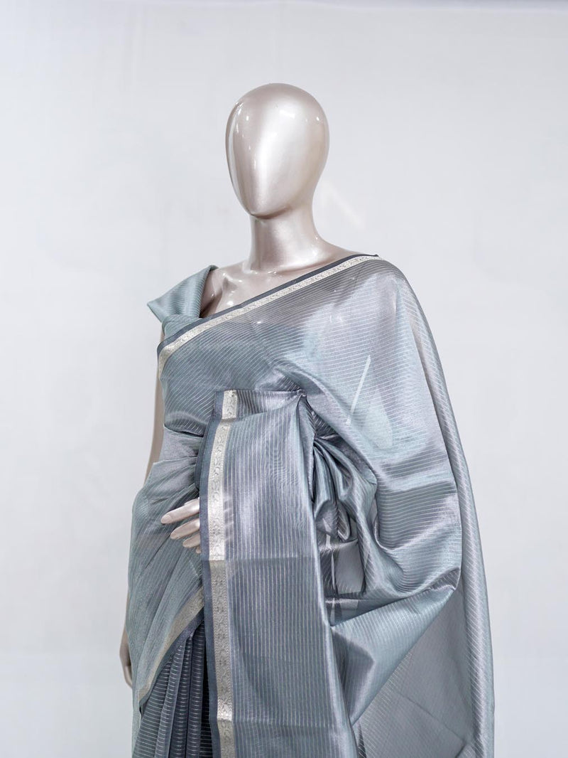 Steel Grey Tissue Organza Saree with Silver Zari Border  SAN5484