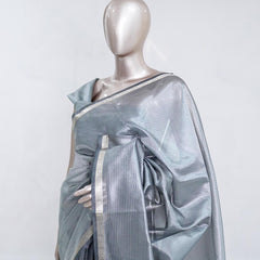 Steel Grey Tissue Organza Saree with Silver Zari Border  SAN5484