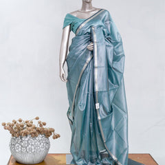 Dusty Teal Tissue Organza Saree with Silver Zari Border SAN5484