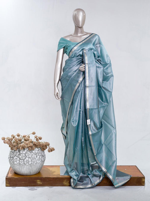 Dusty Teal Tissue Organza Saree with Silver Zari Border SAN5484