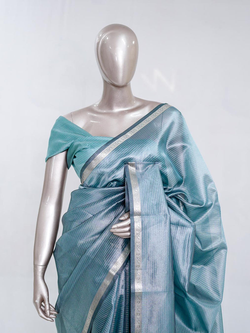 Dusty Teal Tissue Organza Saree with Silver Zari Border SAN5484