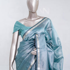 Dusty Teal Tissue Organza Saree with Silver Zari Border SAN5484