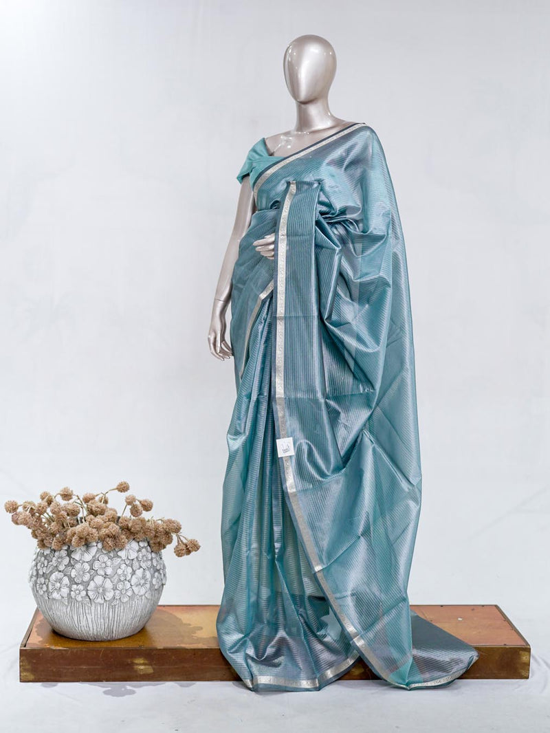 Dusty Teal Tissue Organza Saree with Silver Zari Border SAN5484