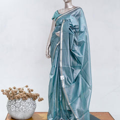 Dusty Teal Tissue Organza Saree with Silver Zari Border SAN5484