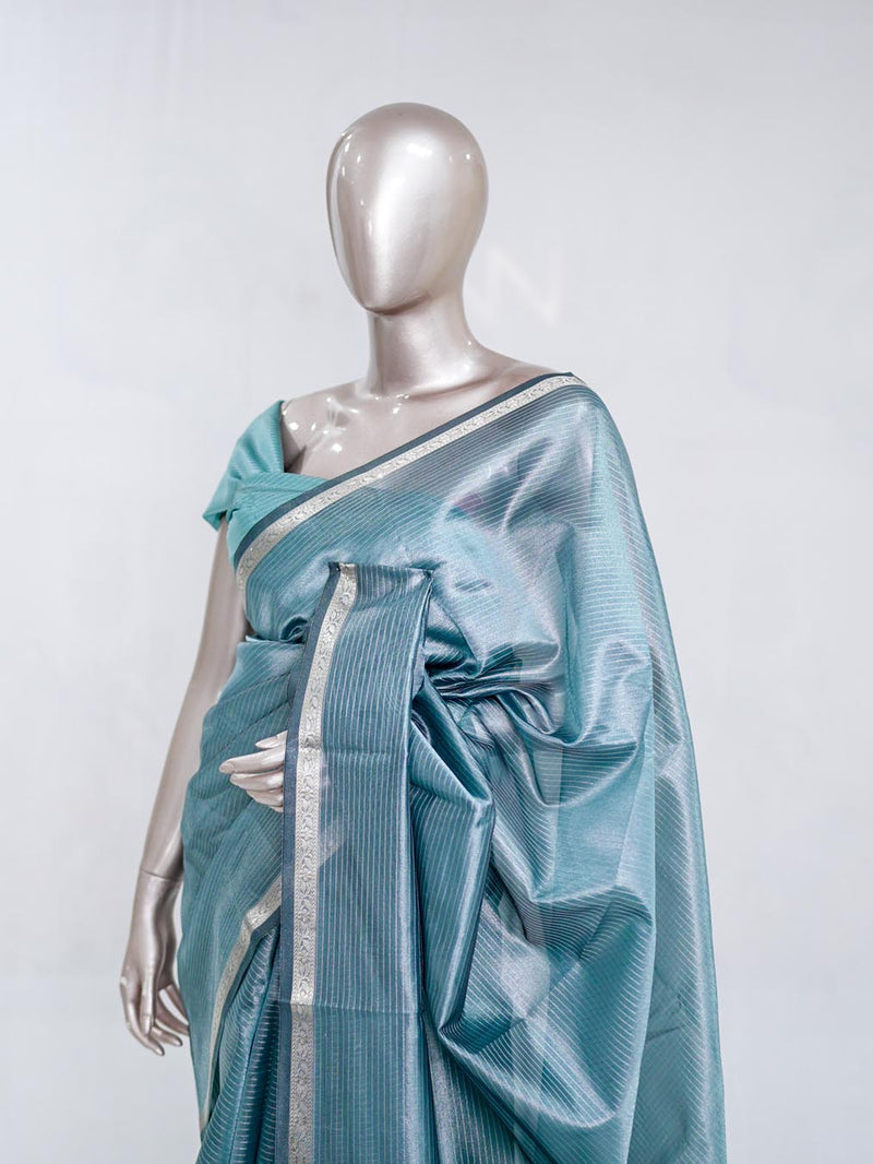 Dusty Teal Tissue Organza Saree with Silver Zari Border SAN5484