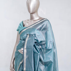 Dusty Teal Tissue Organza Saree with Silver Zari Border SAN5484