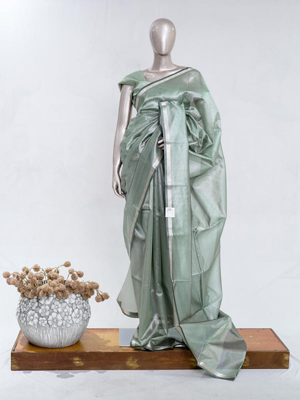 Sage Mist Tissue Organza Saree with Silver Zari Border  SAN5484