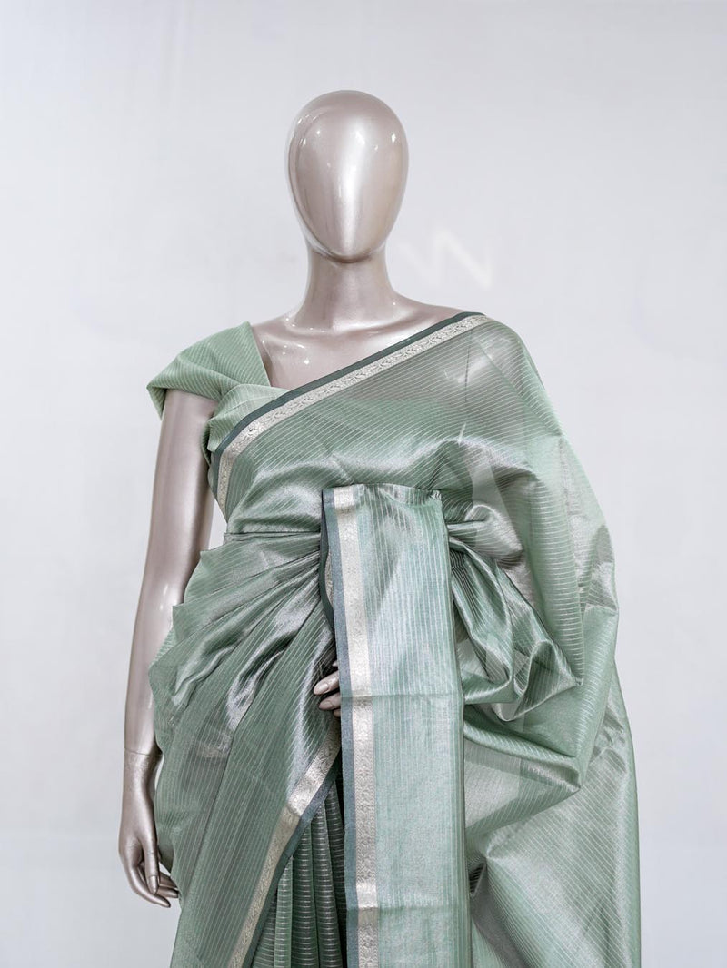 Sage Mist Tissue Organza Saree with Silver Zari Border  SAN5484