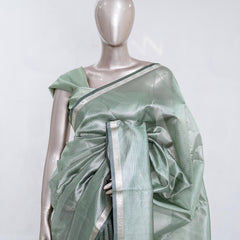 Sage Mist Tissue Organza Saree with Silver Zari Border  SAN5484