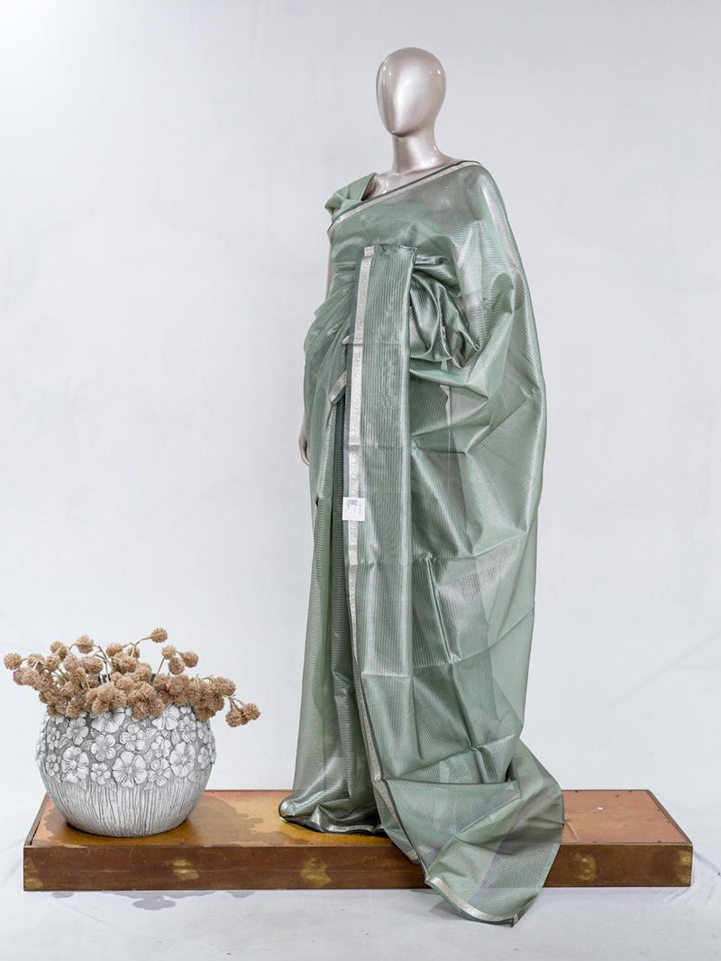 Sage Mist Tissue Organza Saree with Silver Zari Border  SAN5484