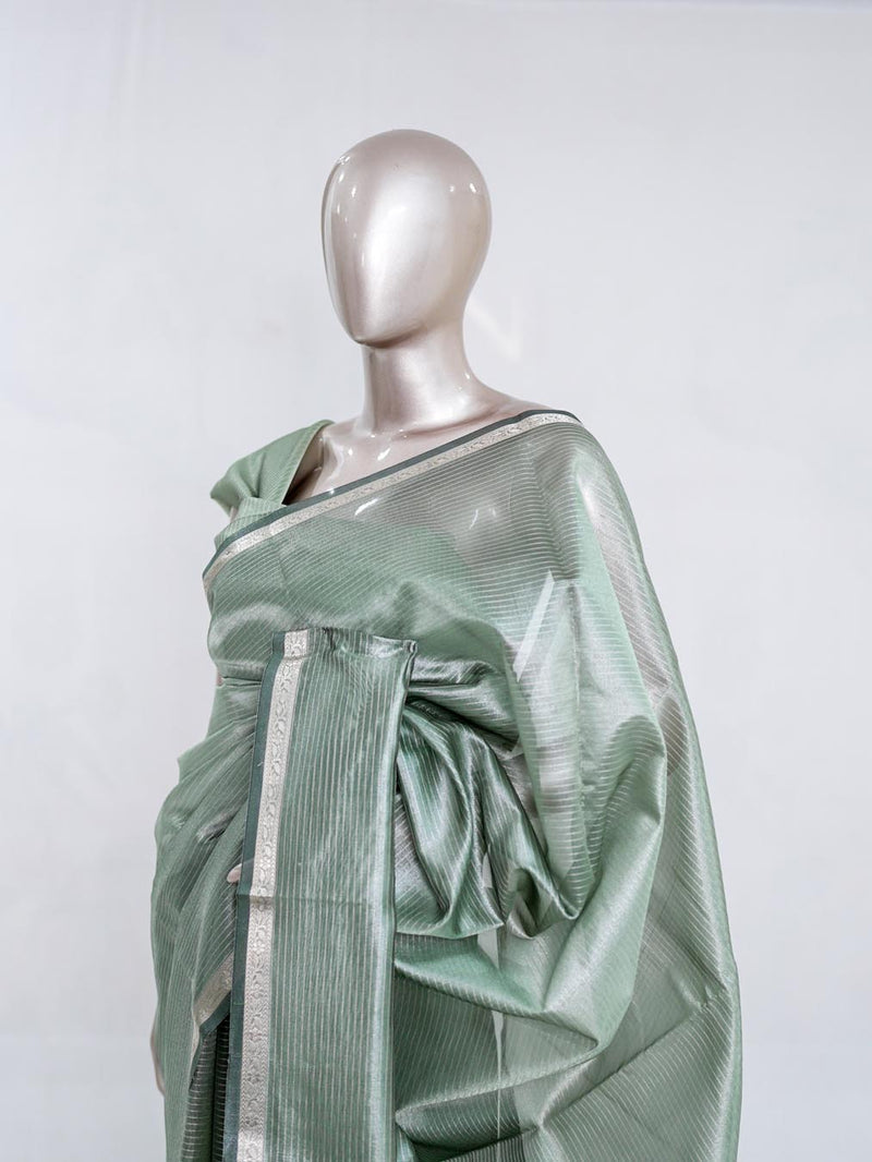 Sage Mist Tissue Organza Saree with Silver Zari Border  SAN5484