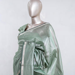 Sage Mist Tissue Organza Saree with Silver Zari Border  SAN5484