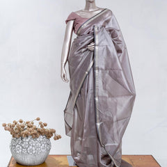 Rose Taupe Tissue Organza Saree with Silver Zari Border  SAN5484