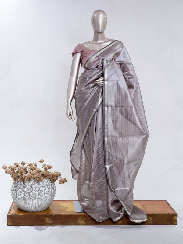 Rose Taupe Tissue Organza Saree with Silver Zari Border  SAN5484
