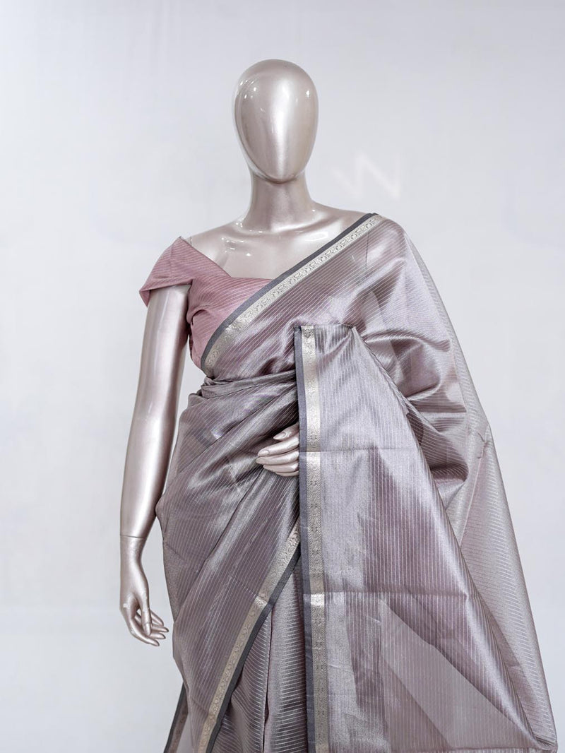 Rose Taupe Tissue Organza Saree with Silver Zari Border  SAN5484