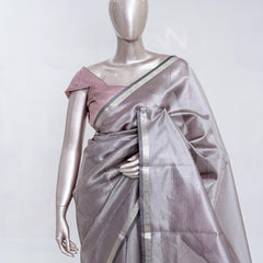 Rose Taupe Tissue Organza Saree with Silver Zari Border  SAN5484