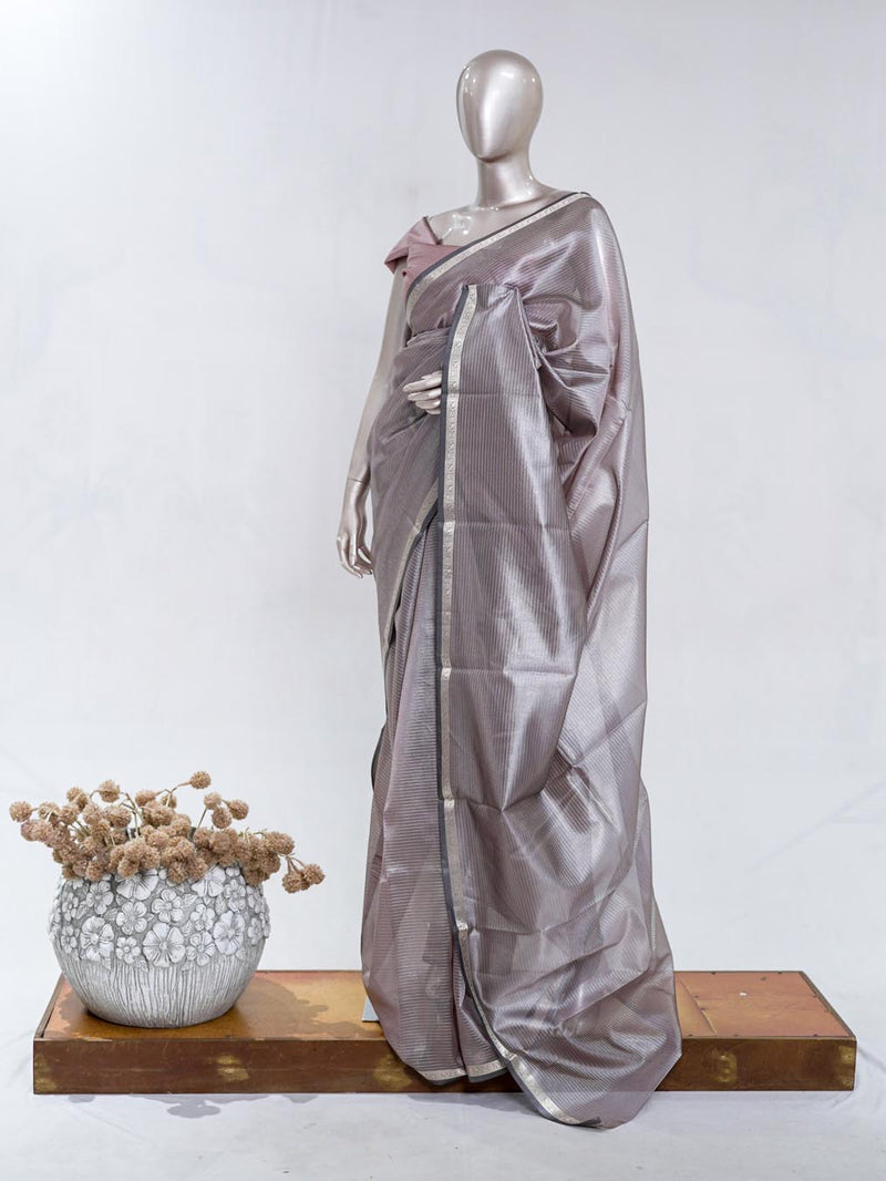 Rose Taupe Tissue Organza Saree with Silver Zari Border  SAN5484