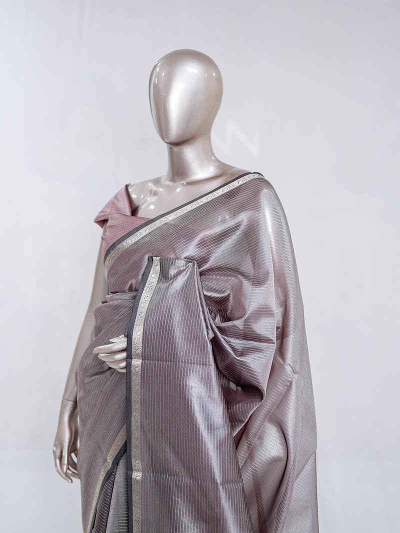 Rose Taupe Tissue Organza Saree with Silver Zari Border  SAN5484