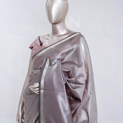 Rose Taupe Tissue Organza Saree with Silver Zari Border  SAN5484