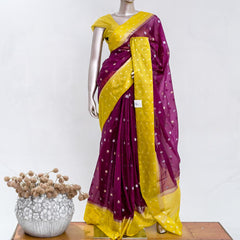 Premium Wine Purple Synthetic Kota Saree with Mustard Yellow Contrast Border Dual-Tone Zari Buttas  SAN5470