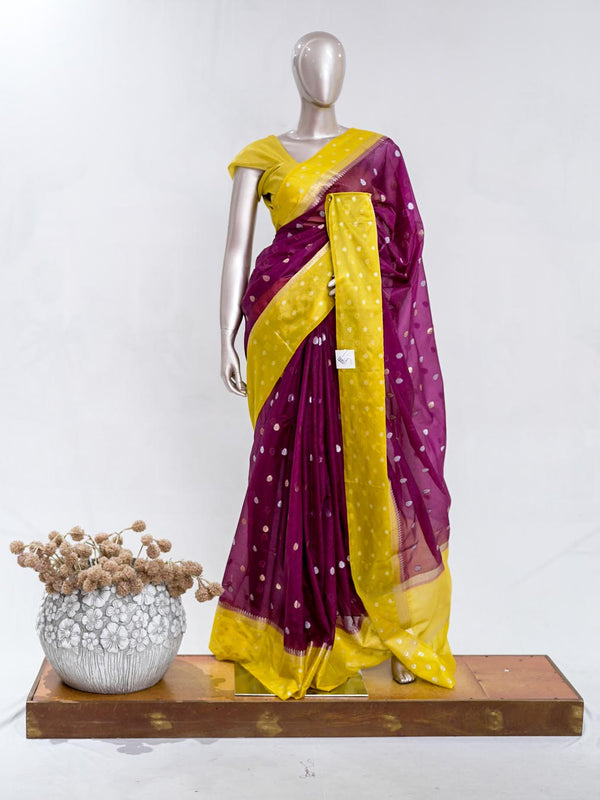 Premium Wine Purple Synthetic Kota Saree with Mustard Yellow Contrast Border Dual-Tone Zari Buttas  SAN5470