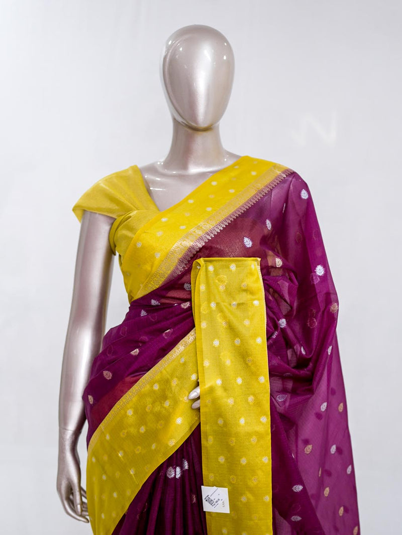Premium Wine Purple Synthetic Kota Saree with Mustard Yellow Contrast Border Dual-Tone Zari Buttas  SAN5470