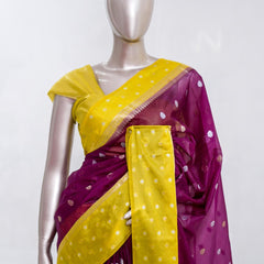 Premium Wine Purple Synthetic Kota Saree with Mustard Yellow Contrast Border Dual-Tone Zari Buttas  SAN5470