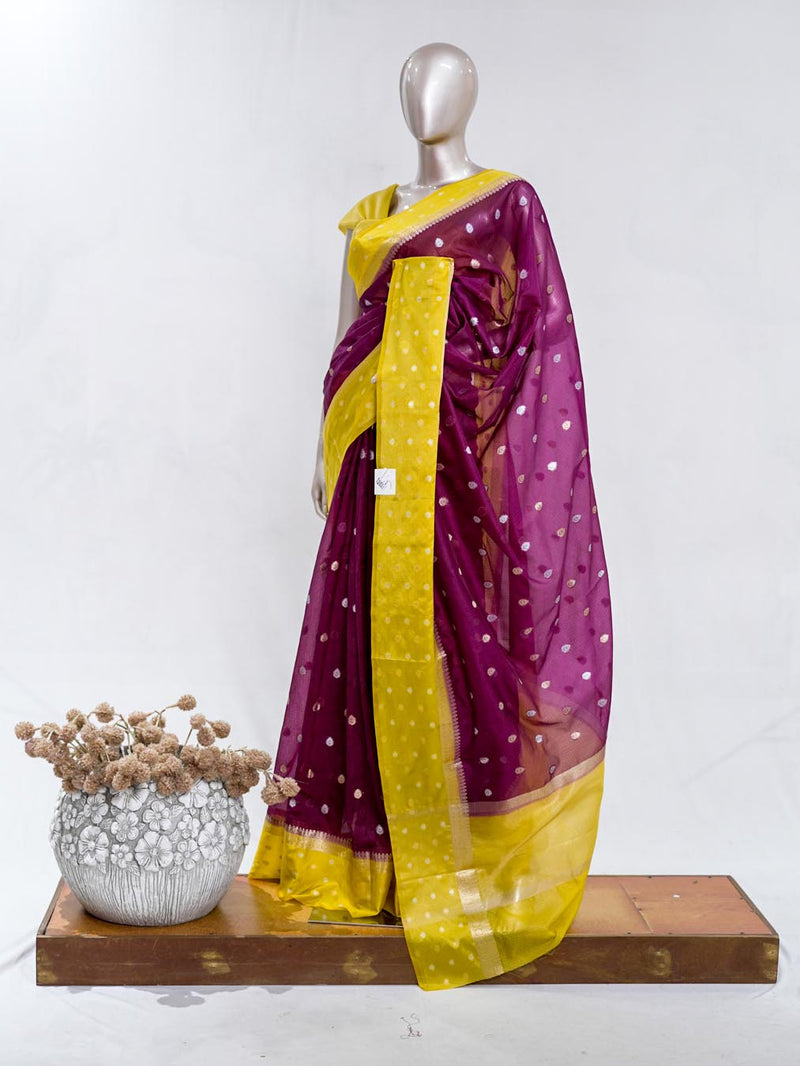 Premium Wine Purple Synthetic Kota Saree with Mustard Yellow Contrast Border Dual-Tone Zari Buttas  SAN5470
